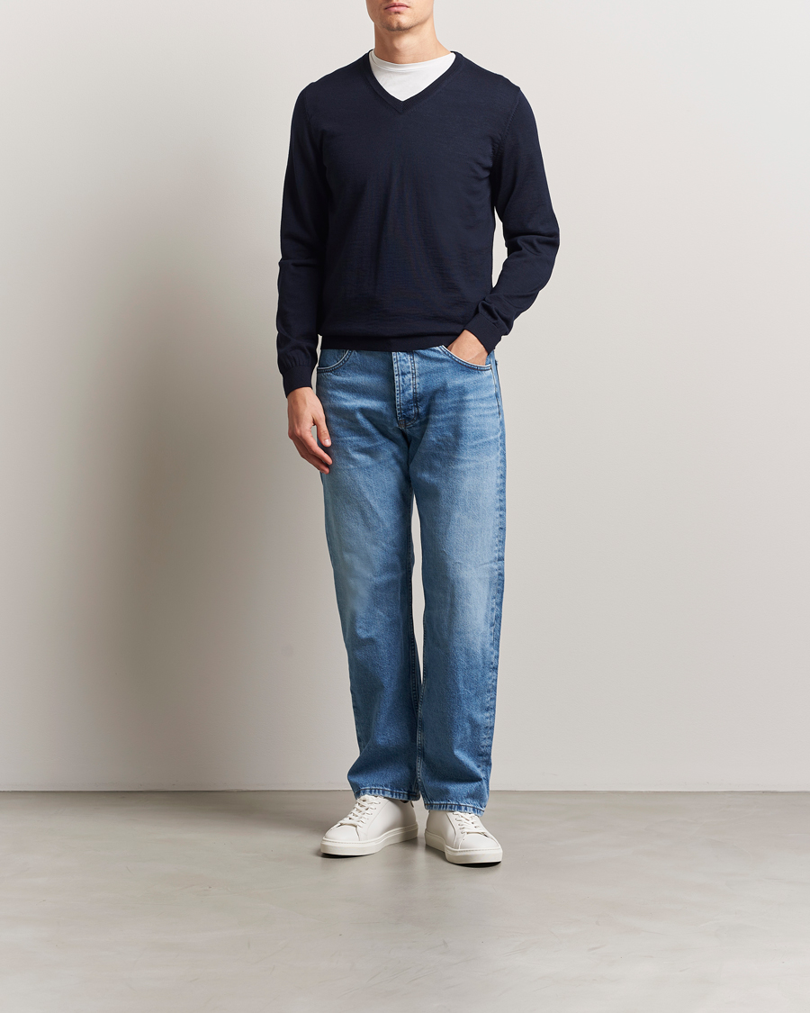 Herre | Gensere | BOSS BLACK | Melba Wool V-Neck Pullover Dark Blue