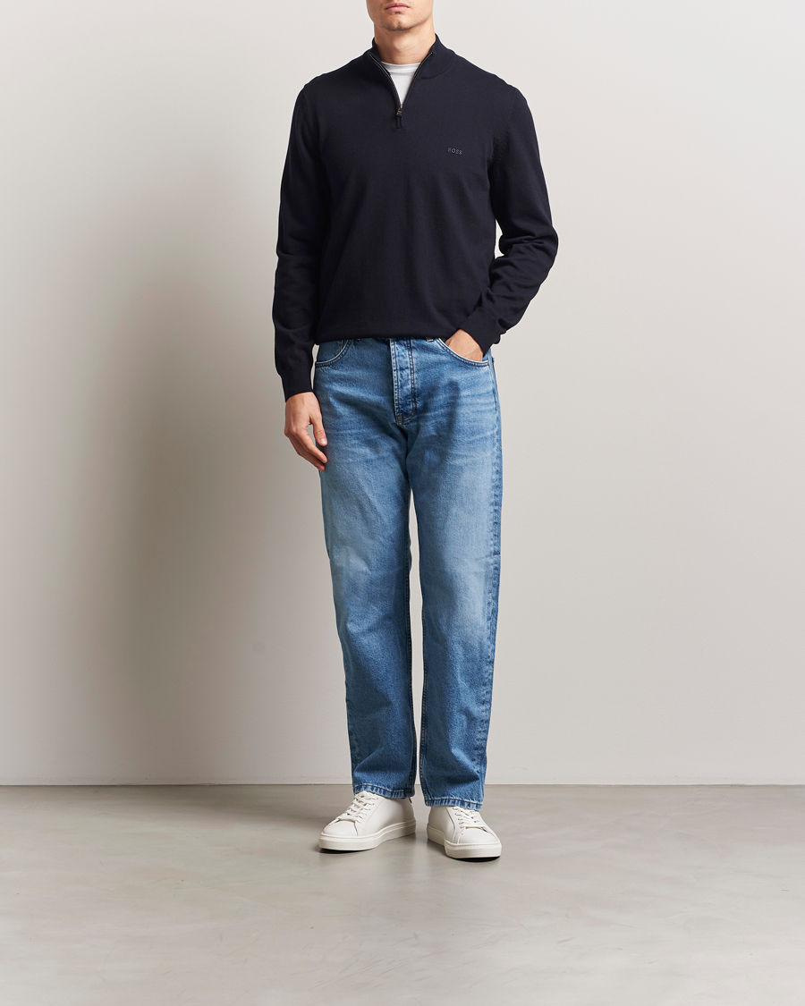 Herre | Gensere | BOSS BLACK | Padro Cotton Knitted Half Zip Dark Blue
