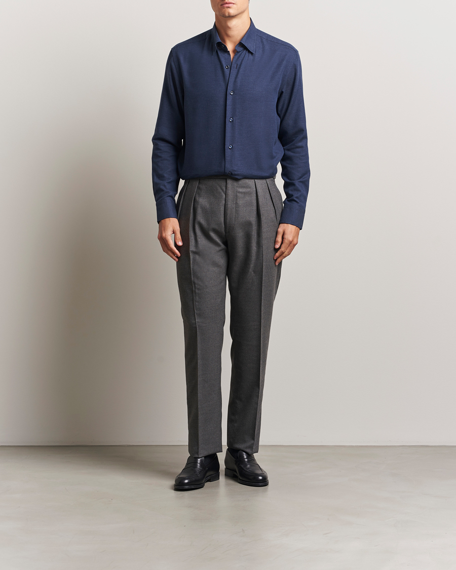 Herre | Skjorter | Brioni | Cotton/Cashmere Flannel Shirt Navy