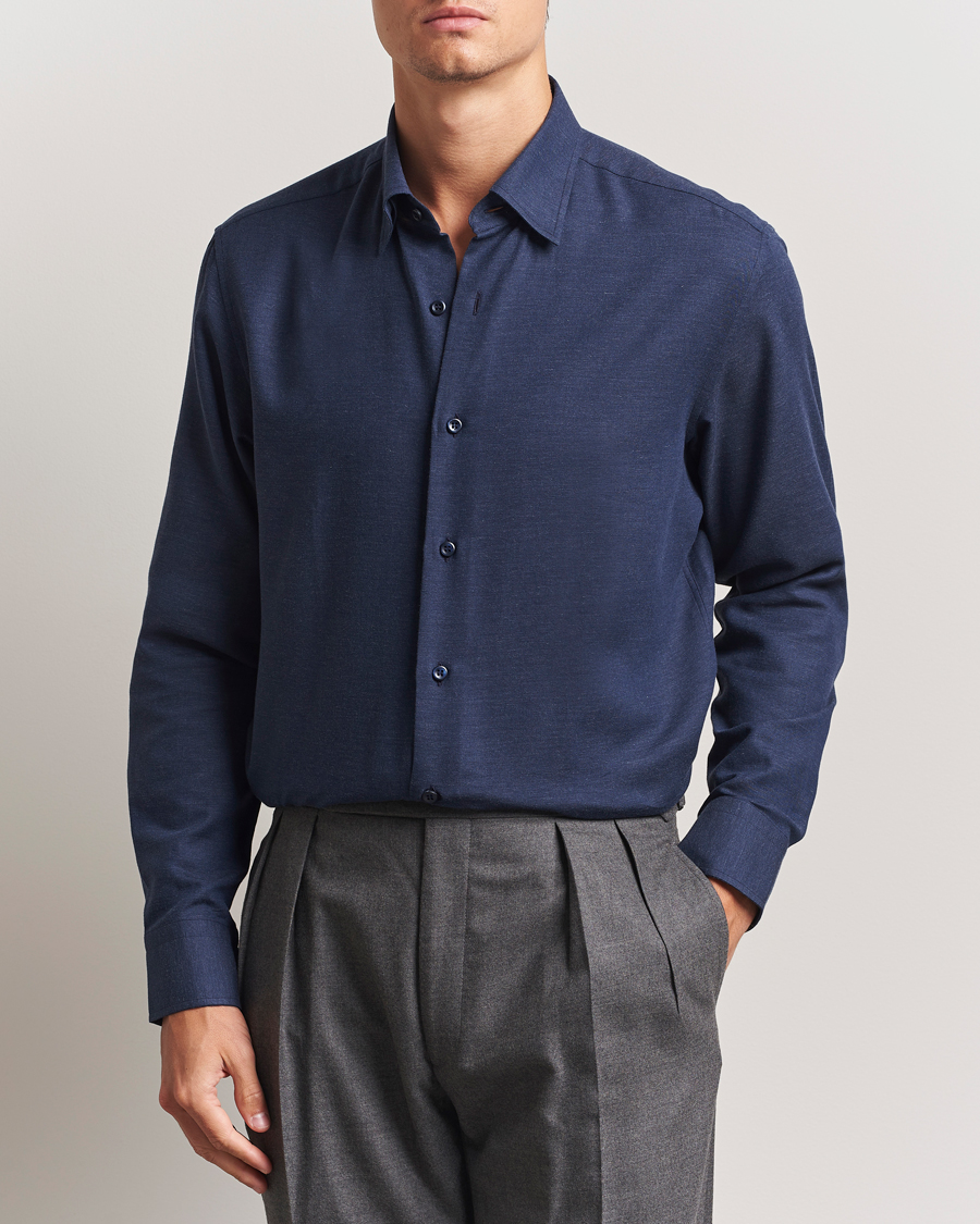 Herre | Skjorter | Brioni | Cotton/Cashmere Flannel Shirt Navy