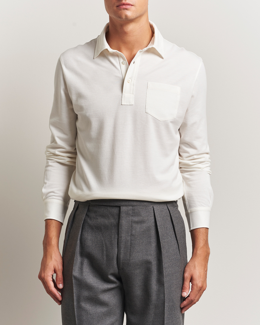Herre | Pikéer | Ralph Lauren Purple Label | Cotton/Cashmere Long Sleeve Polo Cream