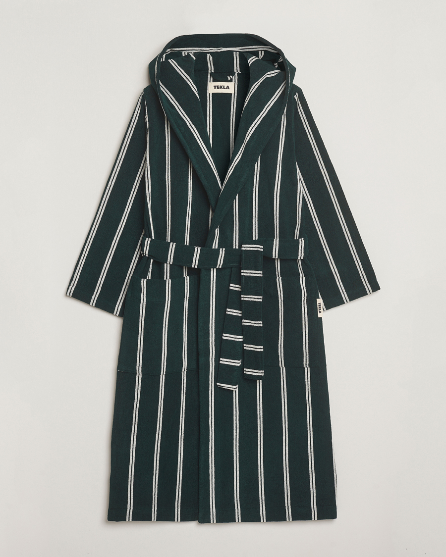 Herre | Pyjamaser og badekåper | Tekla | Organic Terry Hooded Bathrobe Forest Green Stripes