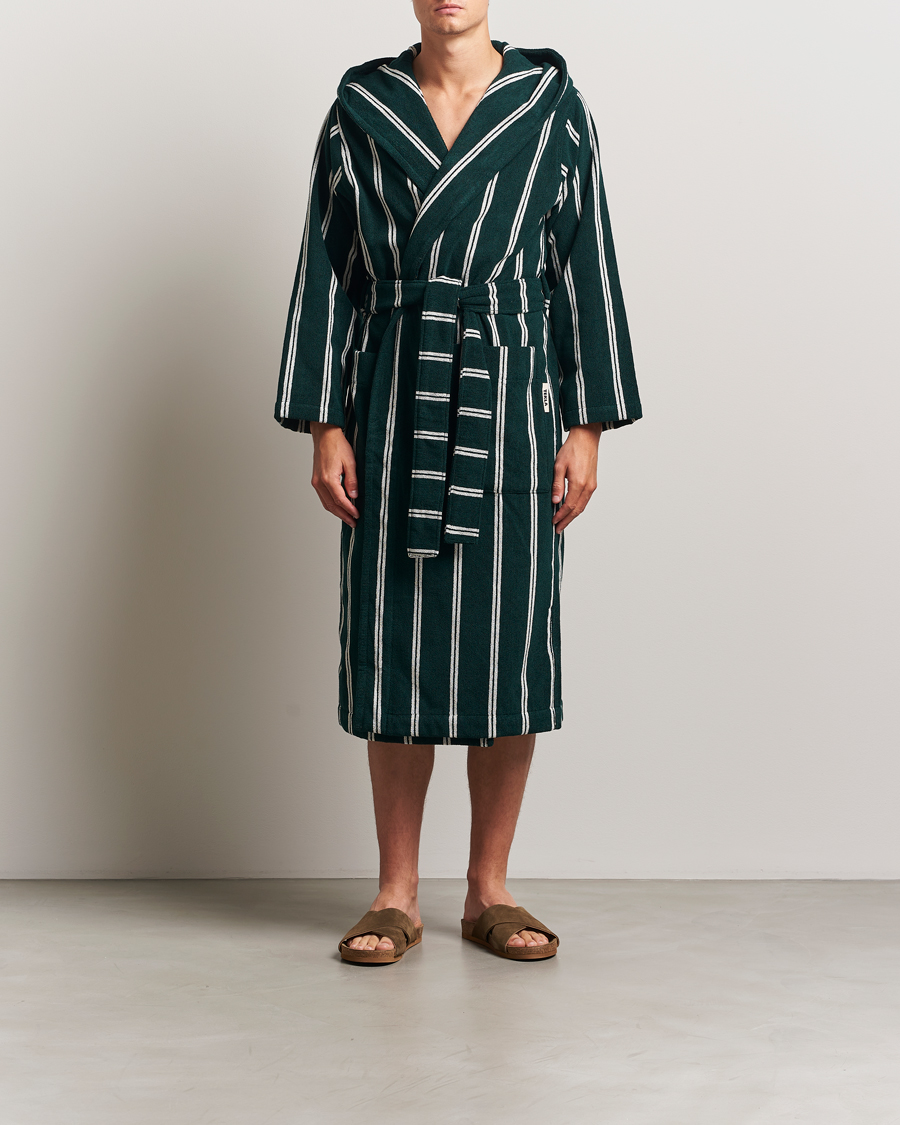 Herre | Pyjamaser og badekåper | Tekla | Organic Terry Hooded Bathrobe Forest Green Stripes