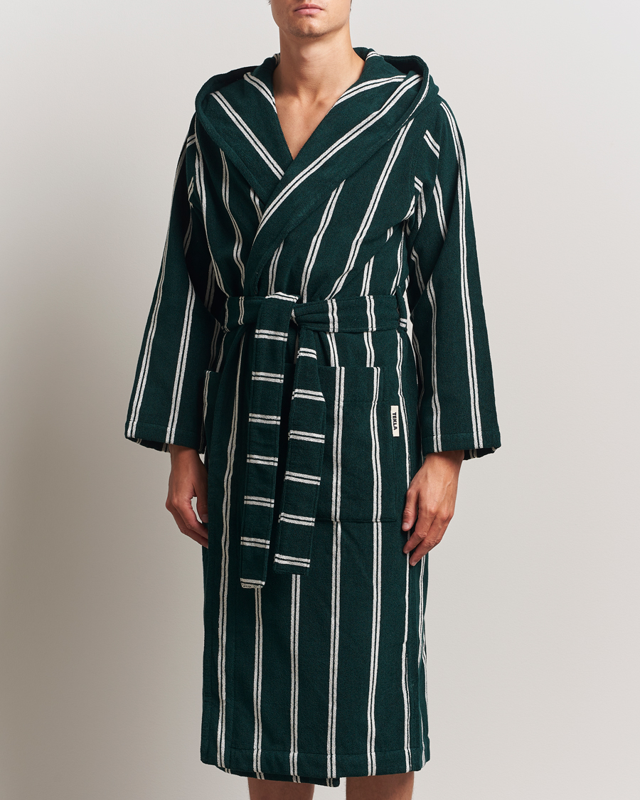 Herre | Pyjamaser og badekåper | Tekla | Organic Terry Hooded Bathrobe Forest Green Stripes