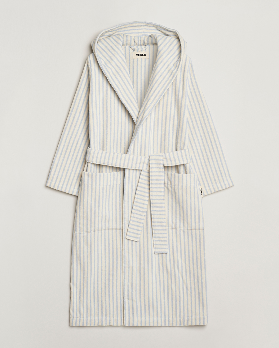 Herre | Pyjamaser og badekåper | Tekla | Organic Terry Hooded Bathrobe Soft Blue Stripes