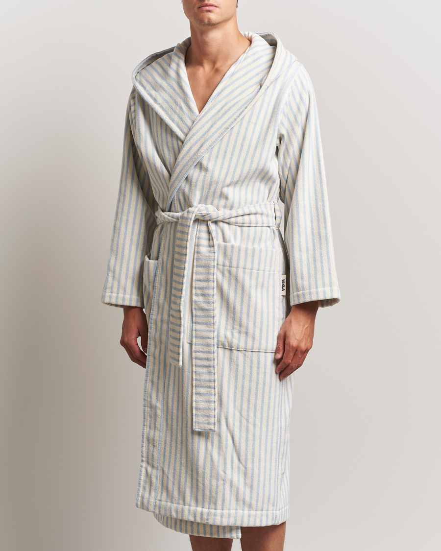 Herre | Pyjamaser og badekåper | Tekla | Organic Terry Hooded Bathrobe Soft Blue Stripes