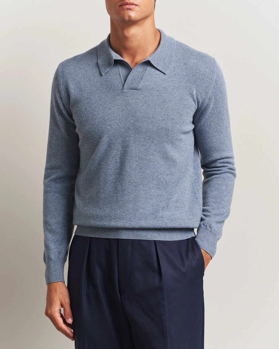 Herre | Gensere | Altea | Long Sleeve Knitted Wool Polo Blue Melange