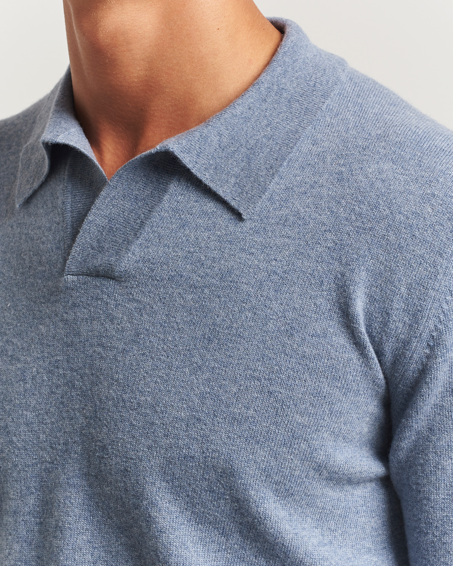 Herre | Gensere | Altea | Long Sleeve Knitted Wool Polo Blue Melange