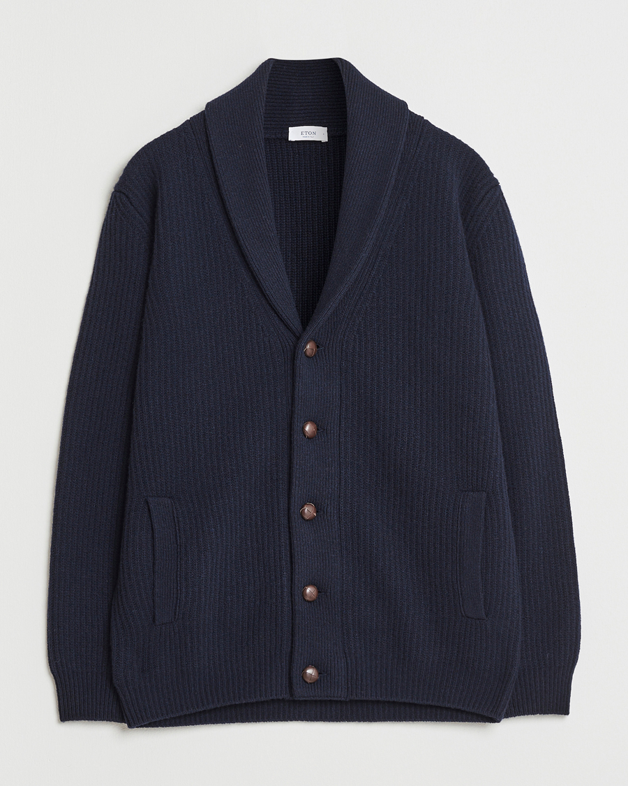 Herre | Gensere | Eton | Wool Knitted Shawl Collar Cardigan Navy