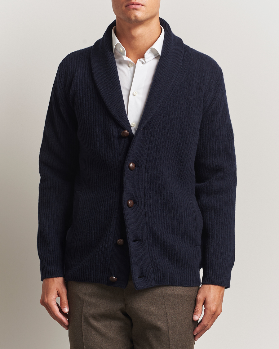 Herre | Gensere | Eton | Wool Knitted Shawl Collar Cardigan Navy