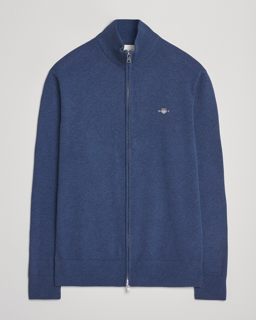 Herre | Gensere | GANT | Casual Cotton Full Zip Dark Jeans Blue Melange