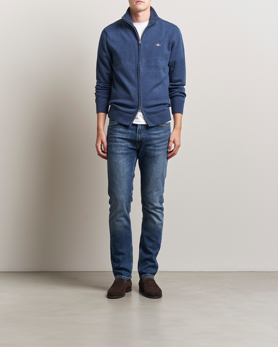 Herre | Gensere | GANT | Casual Cotton Full Zip Dark Jeans Blue Melange