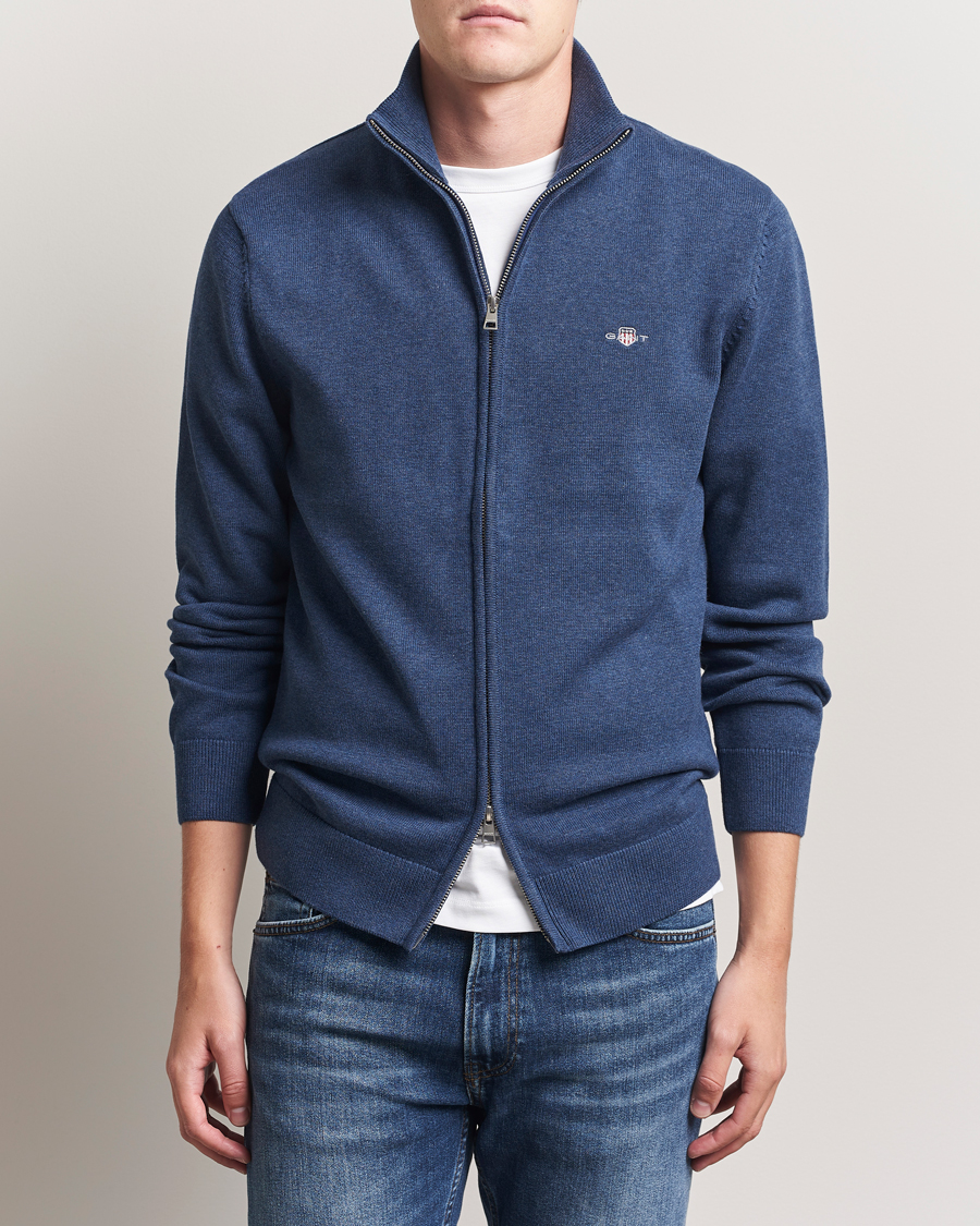 Herre | Gensere | GANT | Casual Cotton Full Zip Dark Jeans Blue Melange