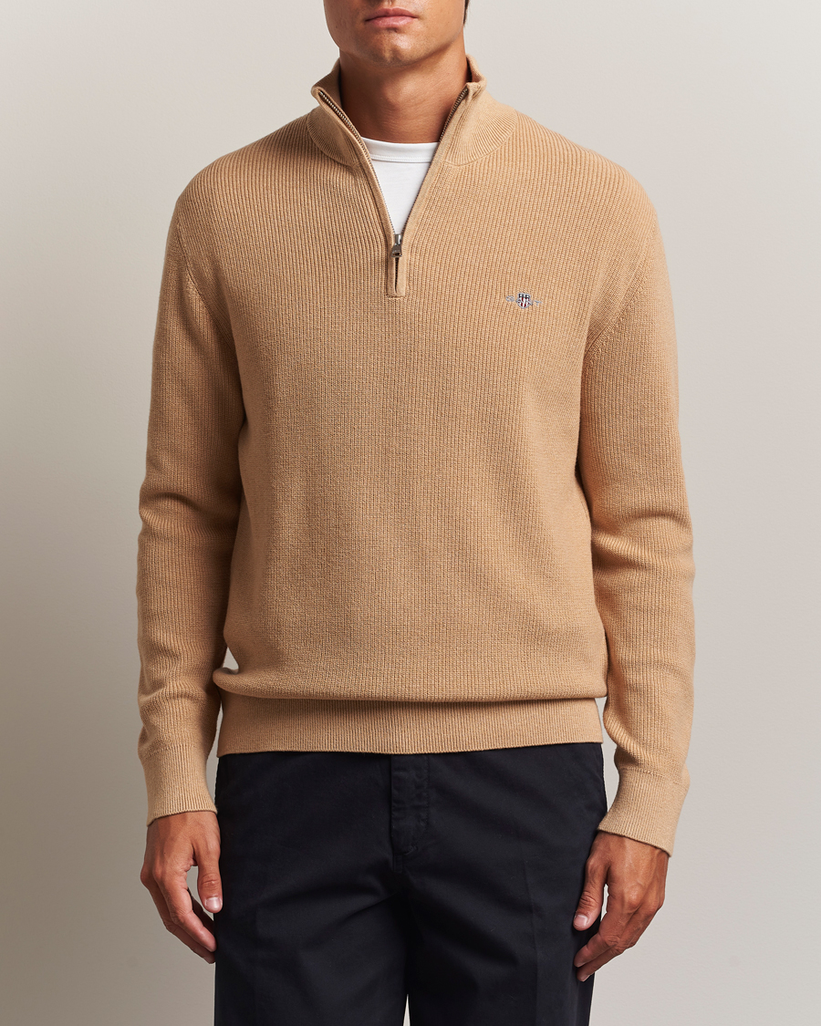 Herre | Gensere | GANT | Cotton/Merino Ribbed Half Zip Khaki Melange