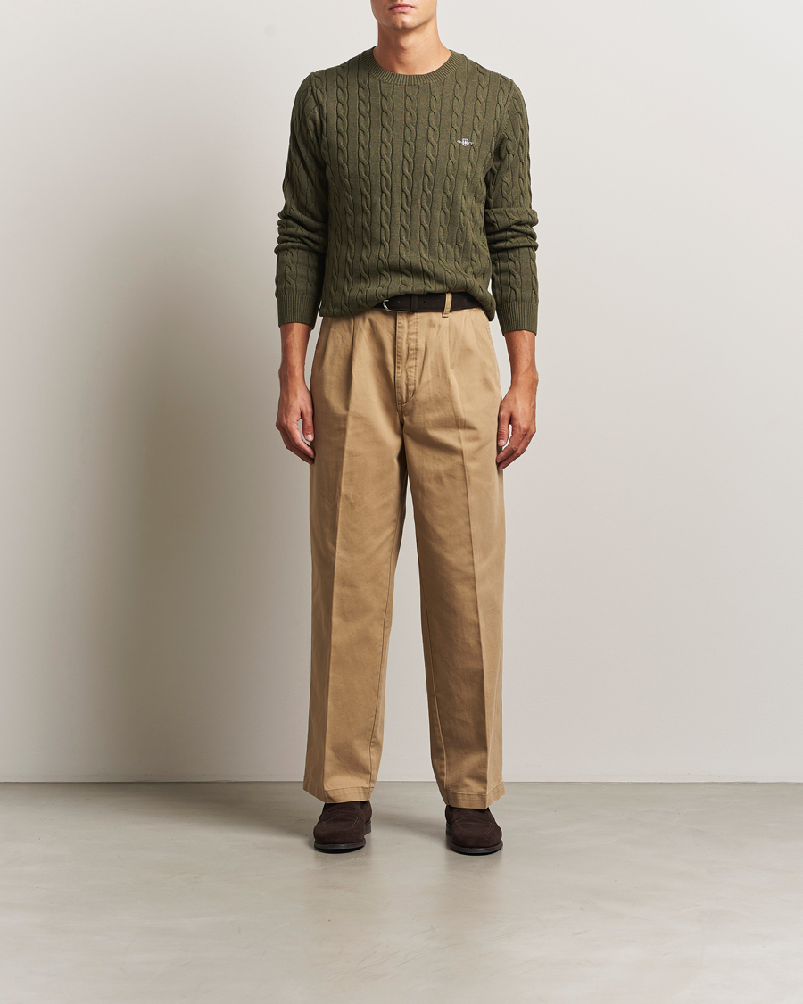 Herre | Gensere | GANT | Cotton Cable Crew Neck Pullover Khaki Green Melange