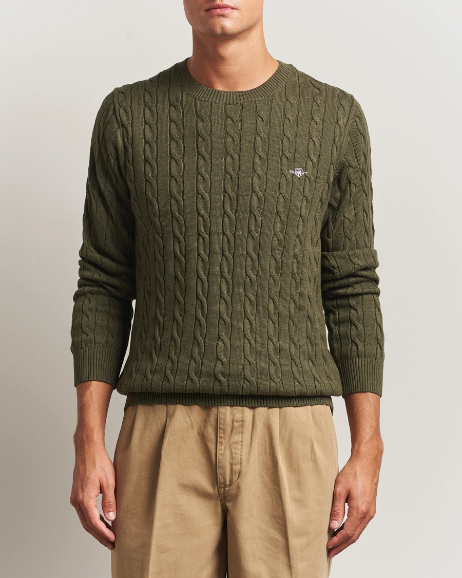 Herre | Gensere | GANT | Cotton Cable Crew Neck Pullover Khaki Green Melange