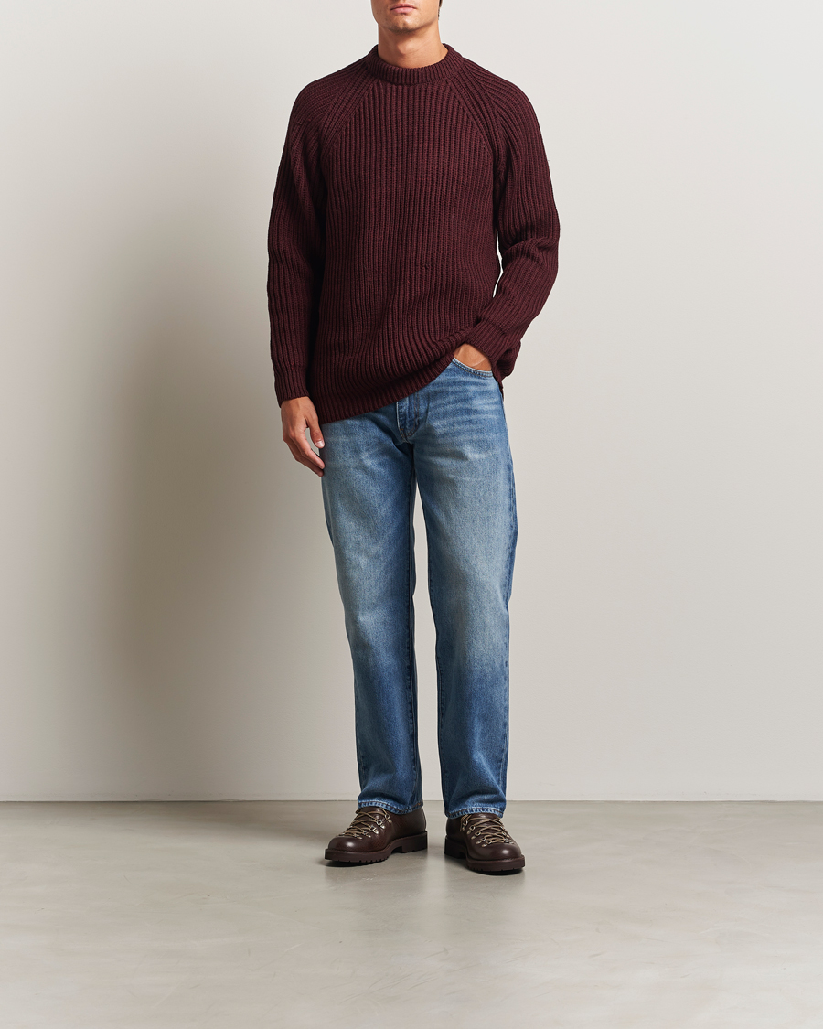 Herre | Gensere | Gloverall | Fisherman Rib Chunky Wool Crew Neck Burgundy