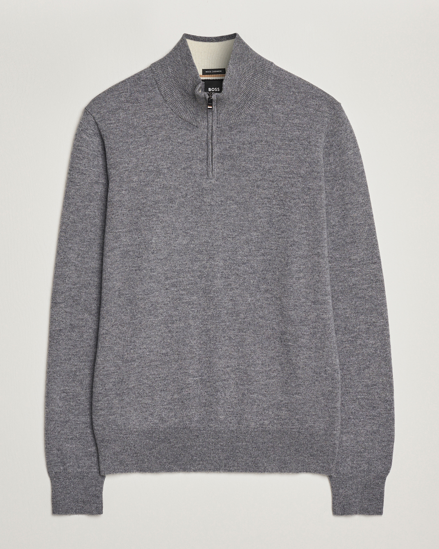 Herre | Gensere | BOSS BLACK | Hemarlo Wool/Cashmere Half Zip Medium Grey