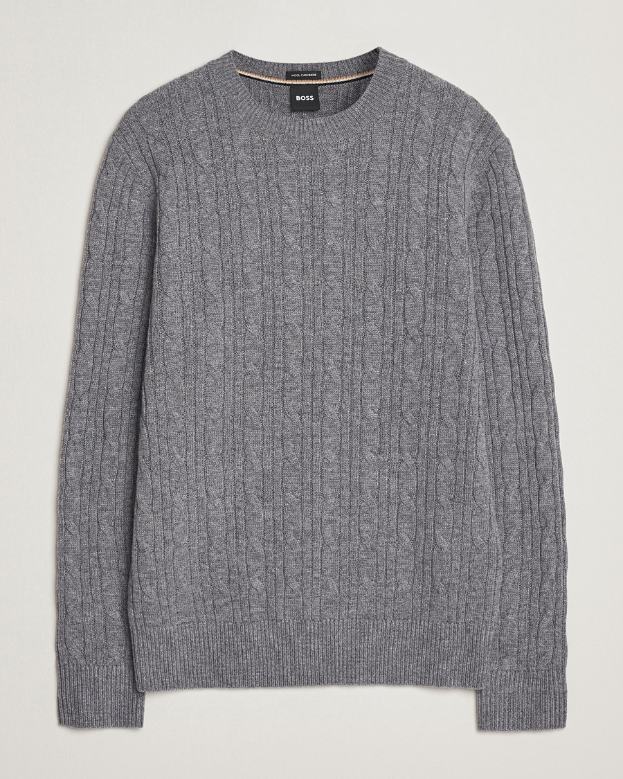 Herre | Gensere | BOSS BLACK | Hetico Wool/Cashmere Cable Sweater Medium Grey