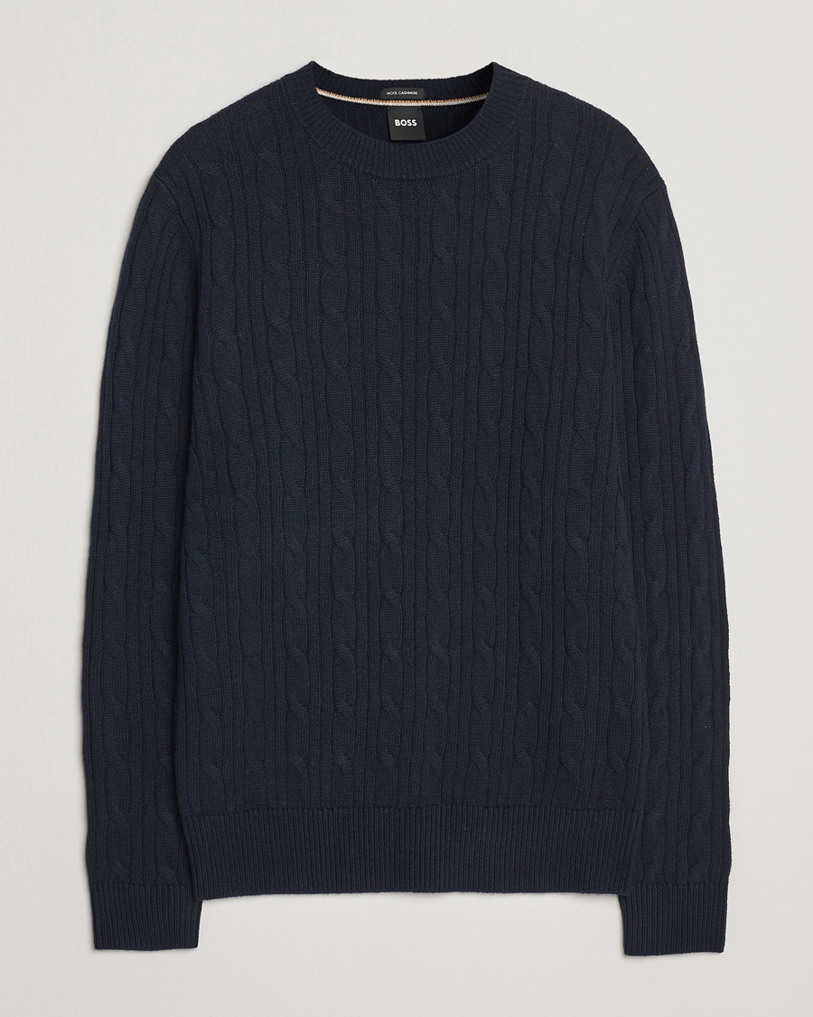 Herre | Gensere | BOSS BLACK | Hetico Wool/Cashmere Cable Sweater Dark Blue