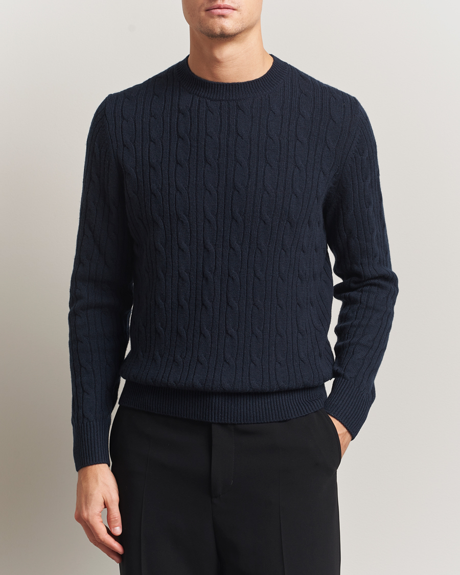 Herre | Gensere | BOSS BLACK | Hetico Wool/Cashmere Cable Sweater Dark Blue