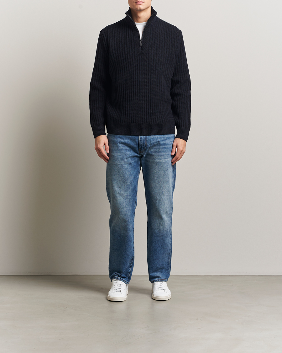 Herre | Gensere | BOSS ORANGE | Kwinter Ribbed Wool Knitted Half Zip Dark Blue