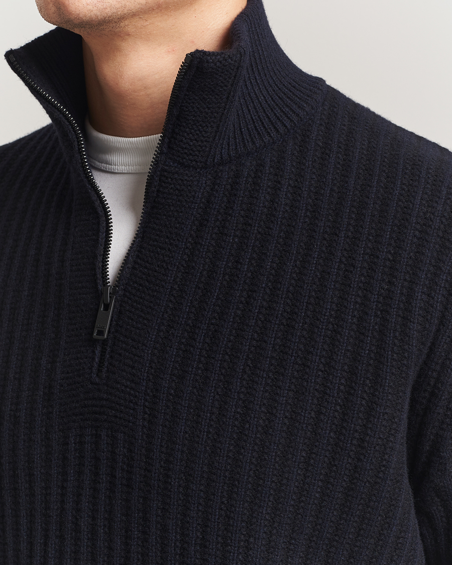 Herre | Gensere | BOSS ORANGE | Kwinter Ribbed Wool Knitted Half Zip Dark Blue