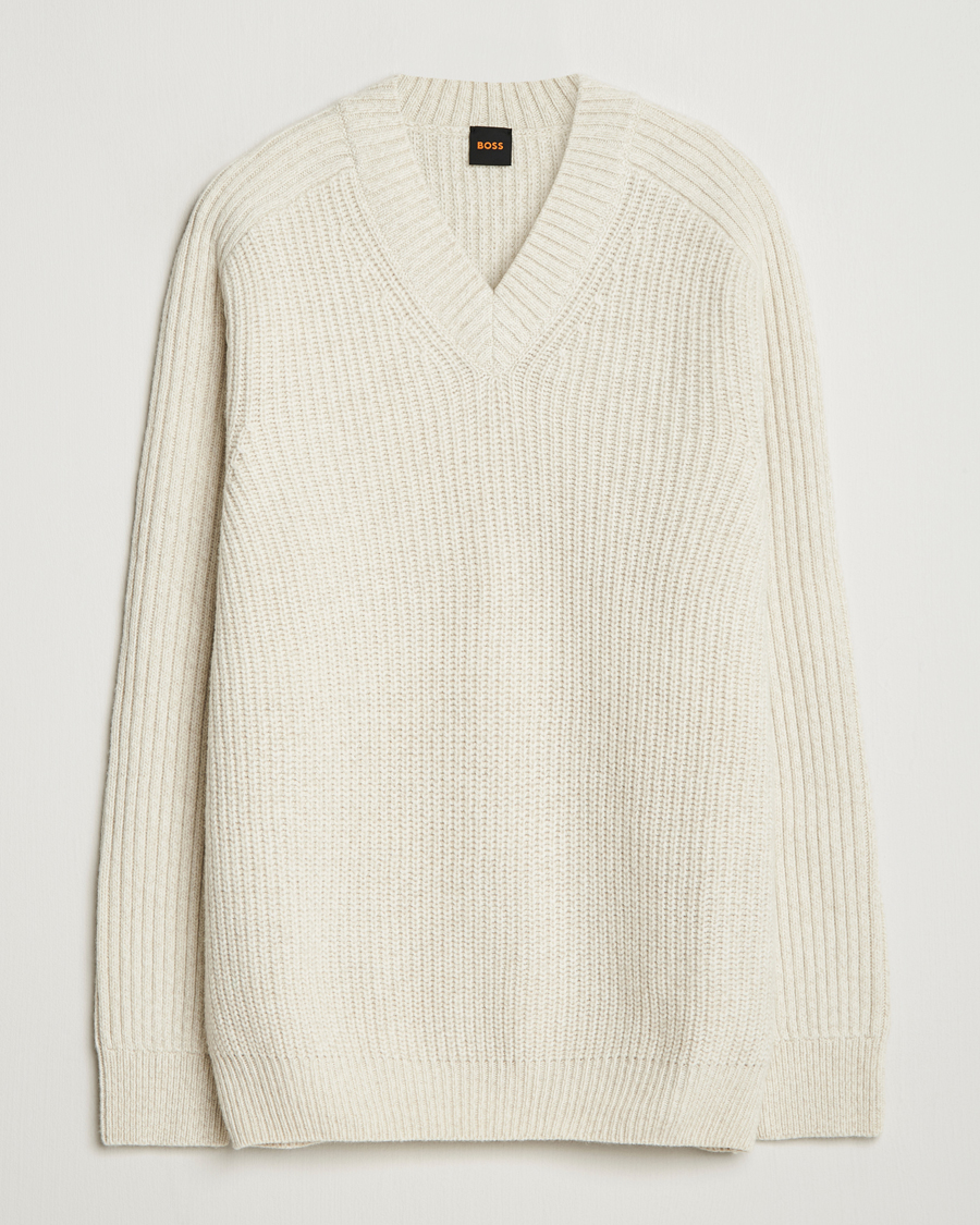 Herre | Gensere | BOSS ORANGE | Karinet Ribbed Wool Knitted V-Neck Light Beige