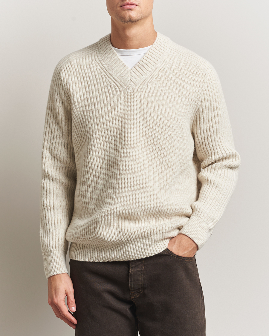 Herre | Gensere | BOSS ORANGE | Karinet Ribbed Wool Knitted V-Neck Light Beige
