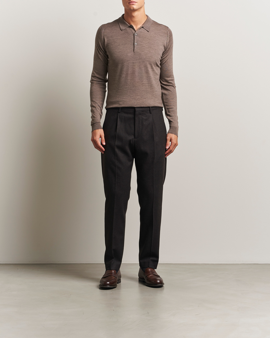 Herre | Gensere | John Smedley | Belper Extra Fine Merino Polo Pullover Mushroom Brown