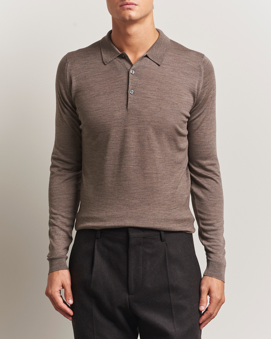 Herre | Gensere | John Smedley | Belper Extra Fine Merino Polo Pullover Mushroom Brown