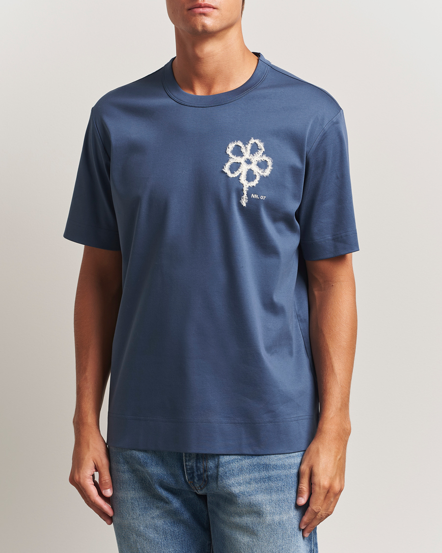 Herre | T-Shirts | NN07 | Pedro Mercerized Embroidered T-Shirt Denim Blue