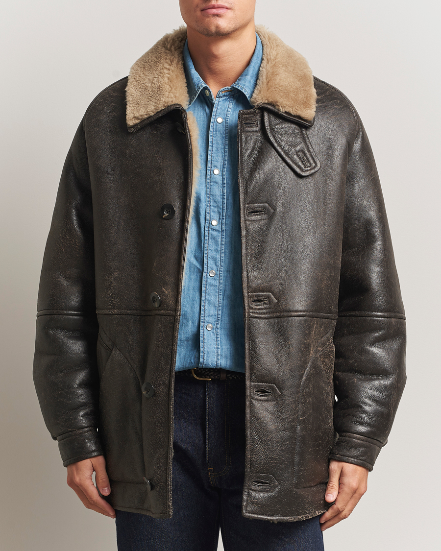 Herre | Jakker | Gant | Worn In Leather Shearling Jacket Deep Brown