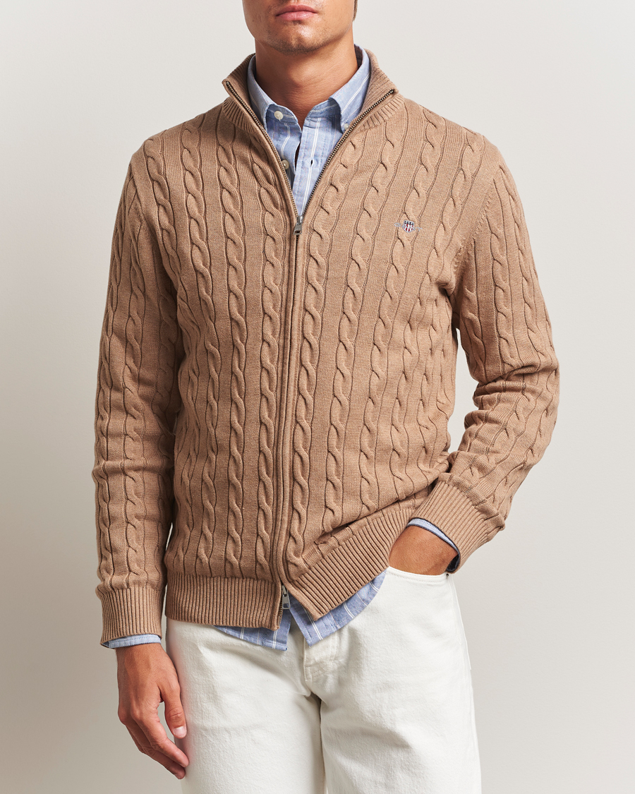 Herre | Gensere | GANT | Cotton Cable Full Zip Dark Sand Melange