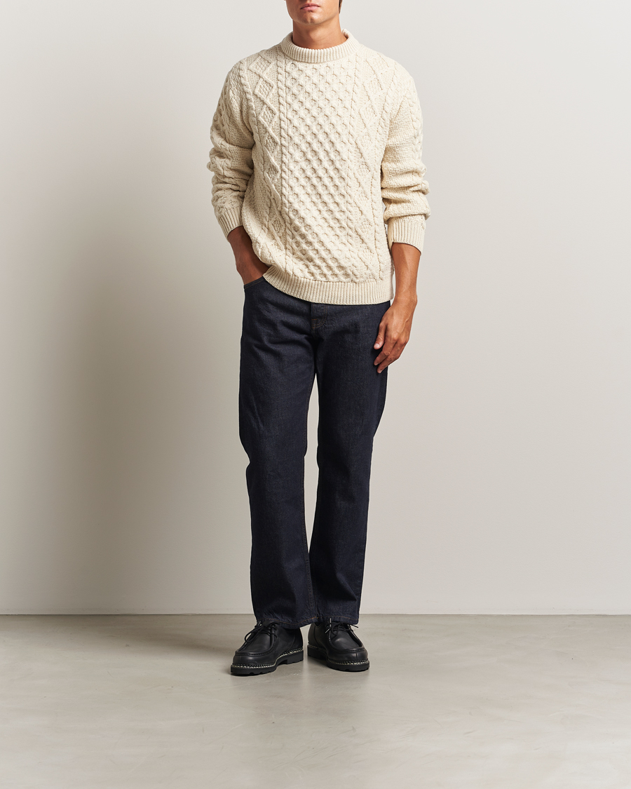 Herre | Gensere | Gloverall | Aran Wool Knitted Sweater Ecru