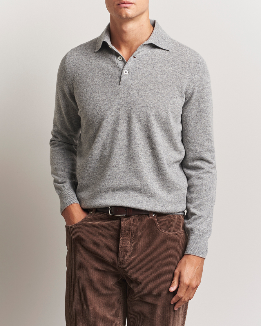 Herre | Gensere | Brunello Cucinelli | 2 Ply Cashmere Long Sleeve Polo Grey Melange
