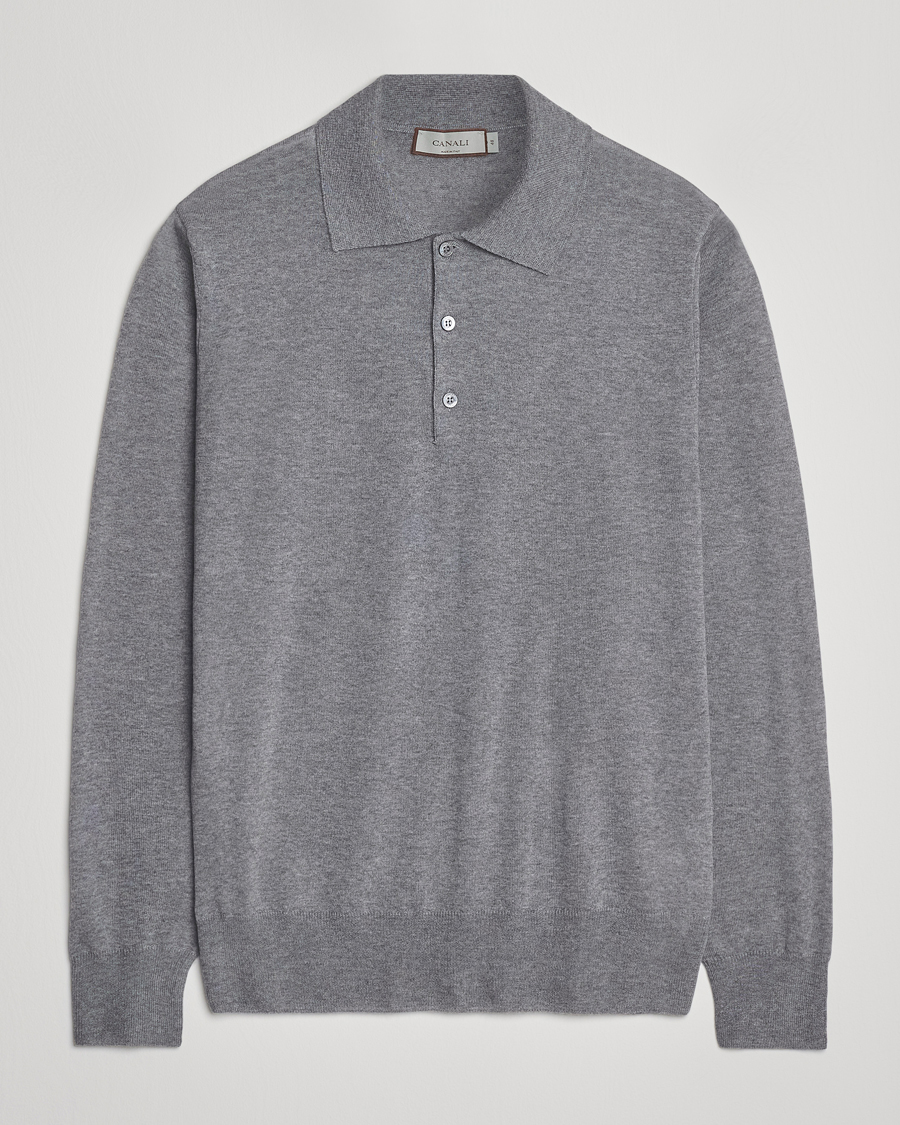 Herre | Gensere | Canali | Merino Wool Long Sleeve Polo Light Grey