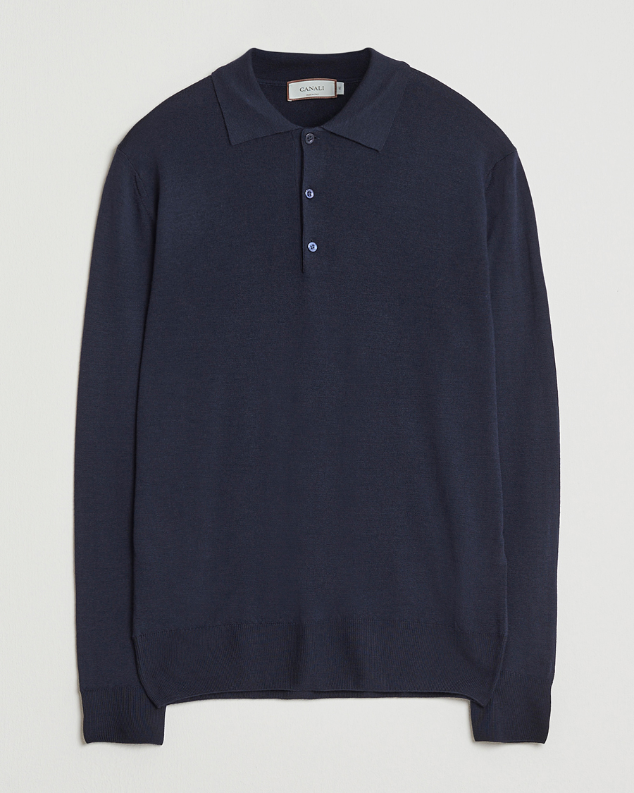 Herre | Gensere | Canali | Merino Wool Long Sleeve Polo Navy