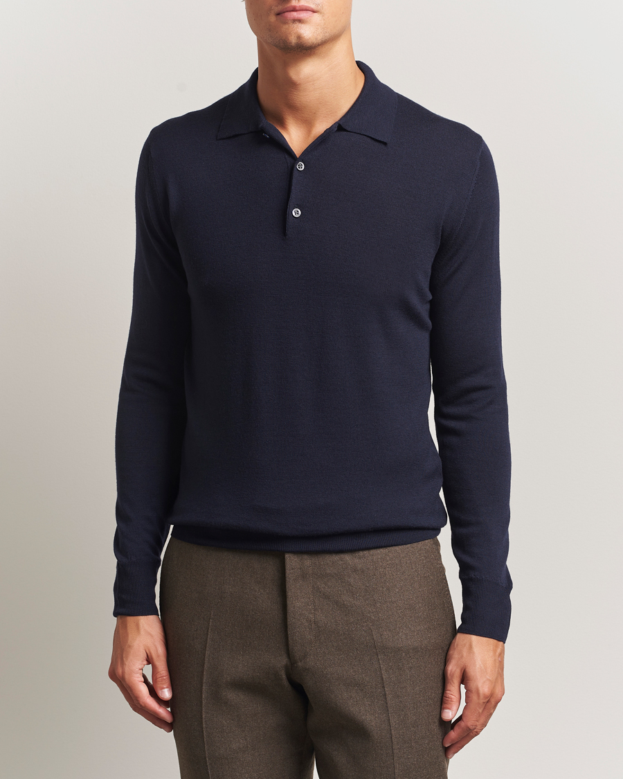 Herre | Gensere | Canali | Merino Wool Long Sleeve Polo Navy