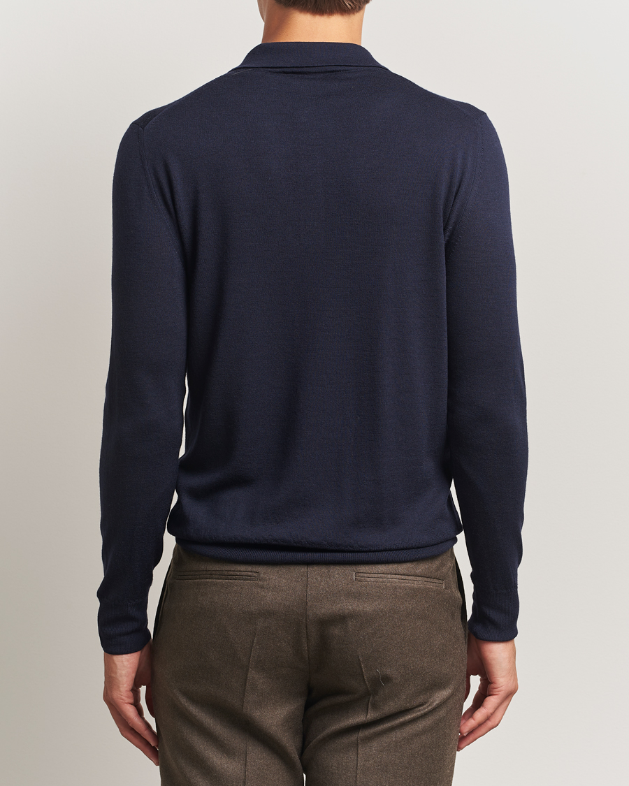 Herre | Gensere | Canali | Merino Wool Long Sleeve Polo Navy