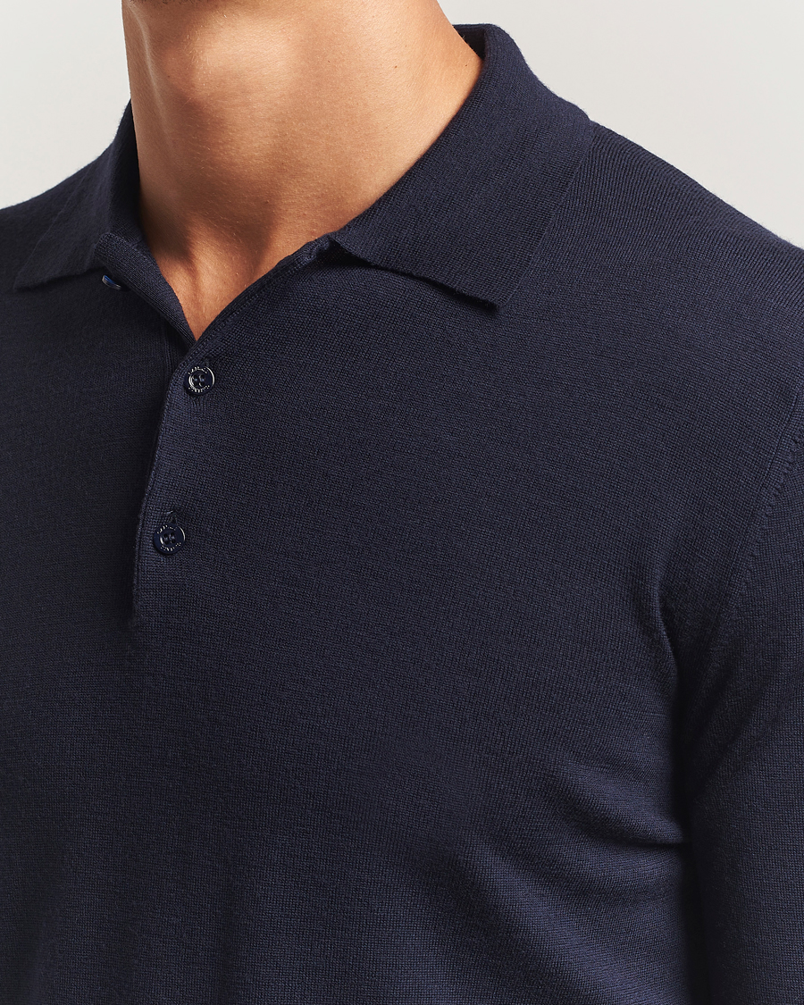 Herre | Gensere | Canali | Merino Wool Long Sleeve Polo Navy