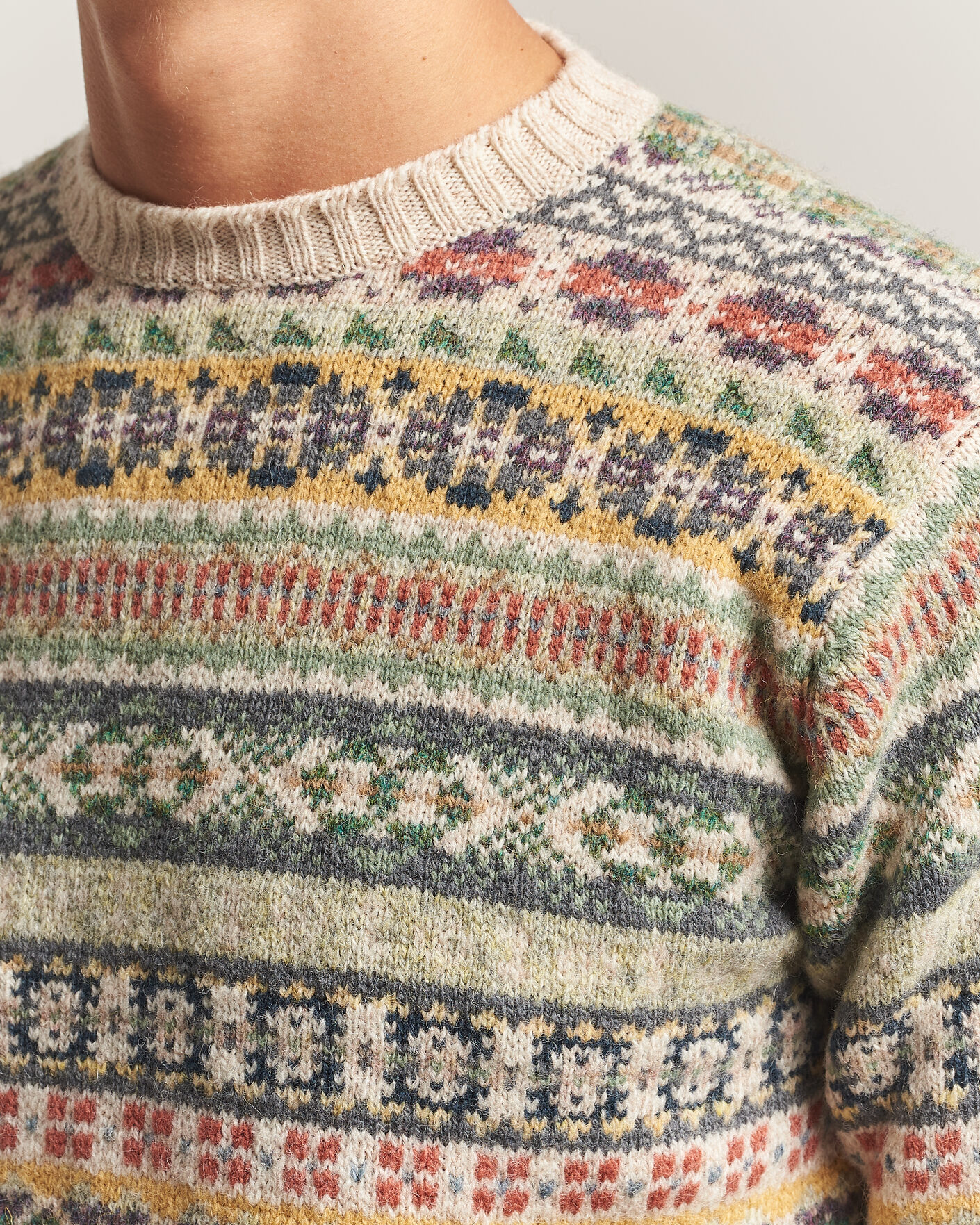 Herre | Gensere | Jamieson's of Shetland | Jamiesons Of Shetland All Over Fair Isle Pullover Crew Neck Beige