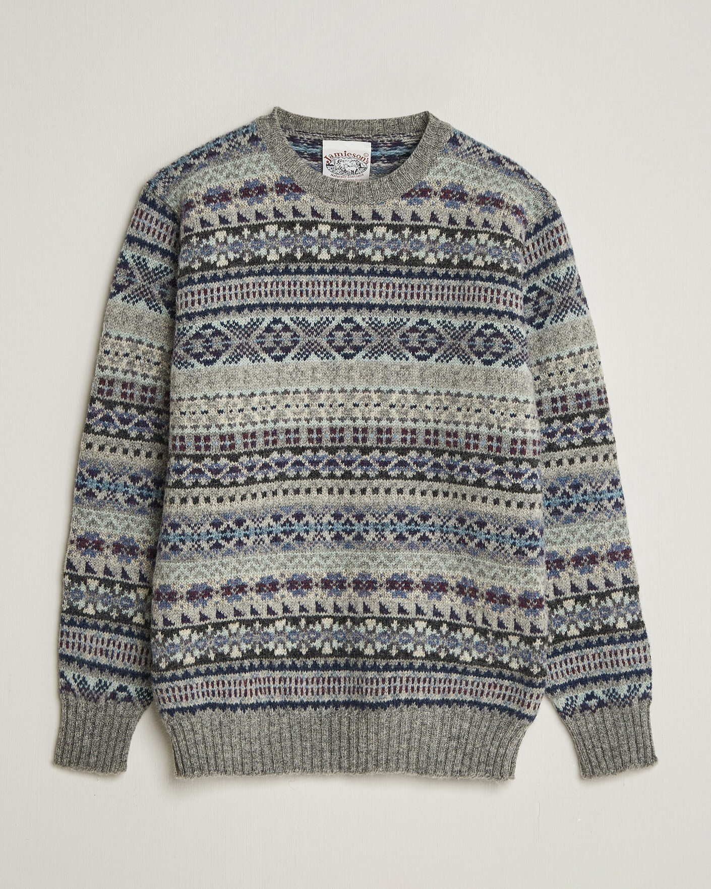 Herre | Gensere | Jamieson's of Shetland | Jamiesons Of Shetland All Over Fair Isle Pullover Crew Neck Light Grey