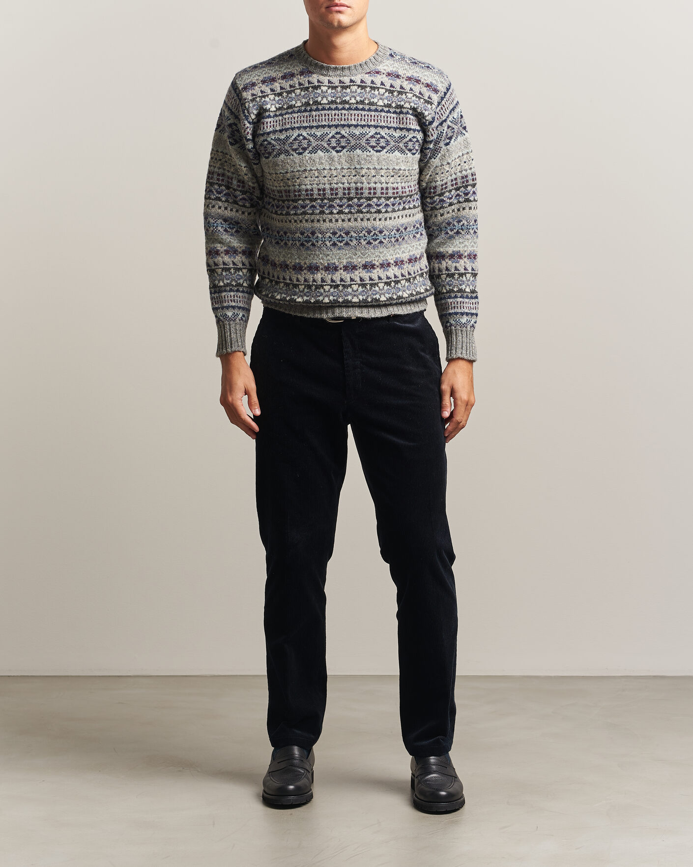 Herre | Gensere | Jamieson's of Shetland | Jamiesons Of Shetland All Over Fair Isle Pullover Crew Neck Light Grey