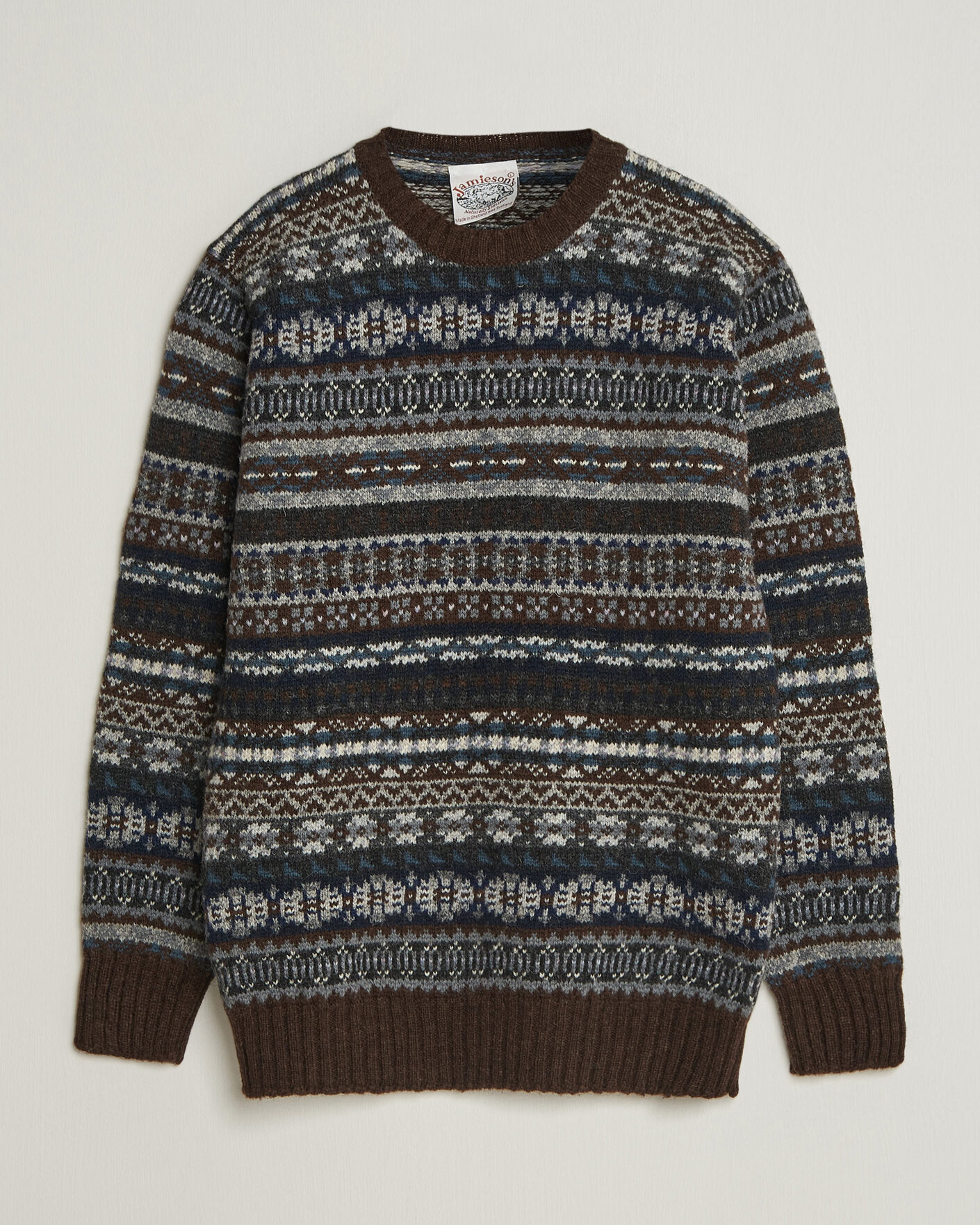 Herre | Gensere | Jamieson's of Shetland | Jamiesons Of Shetland All Over Fair Isle Pullover Crew Neck Brown