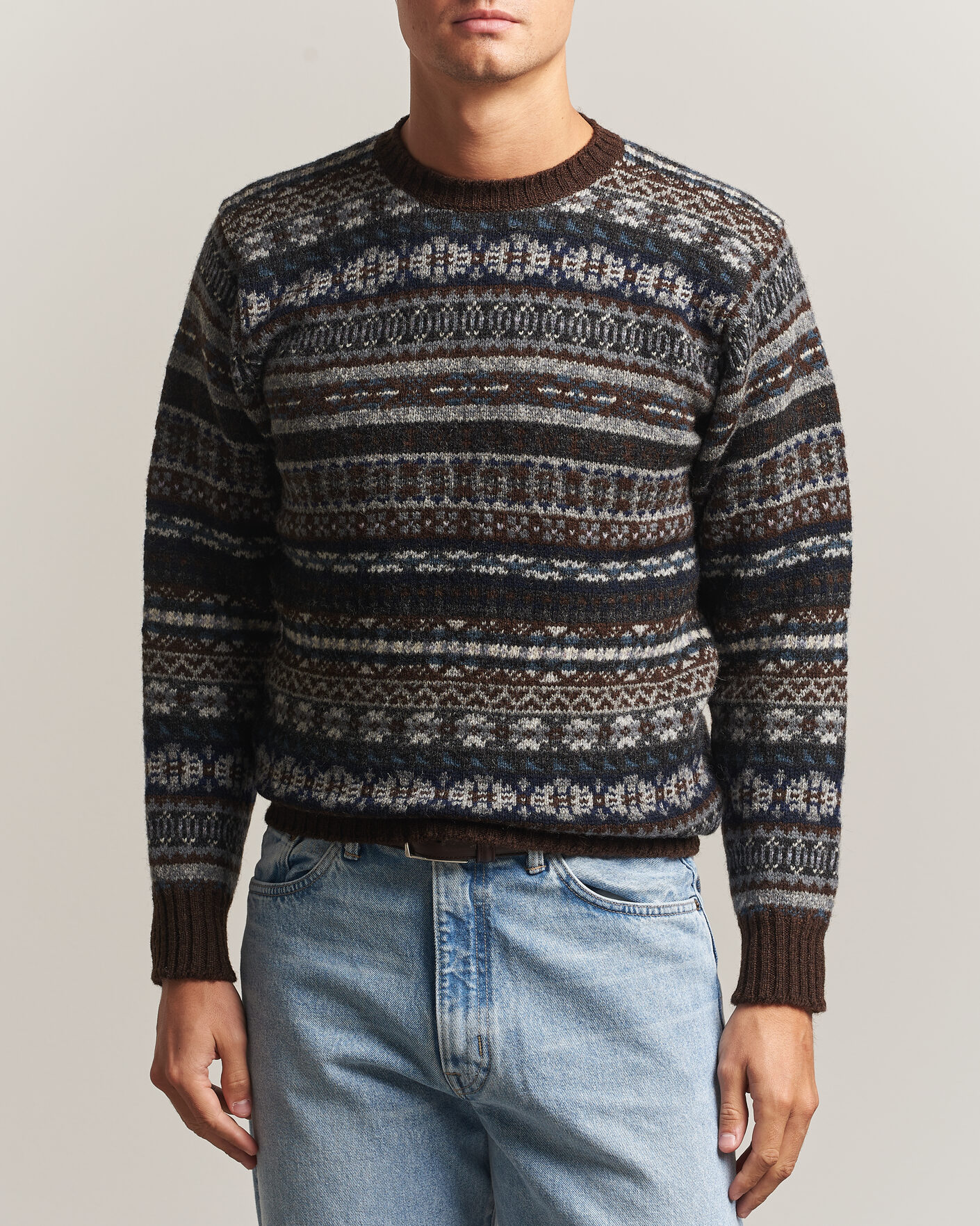 Herre | Gensere | Jamieson's of Shetland | Jamiesons Of Shetland All Over Fair Isle Pullover Crew Neck Brown