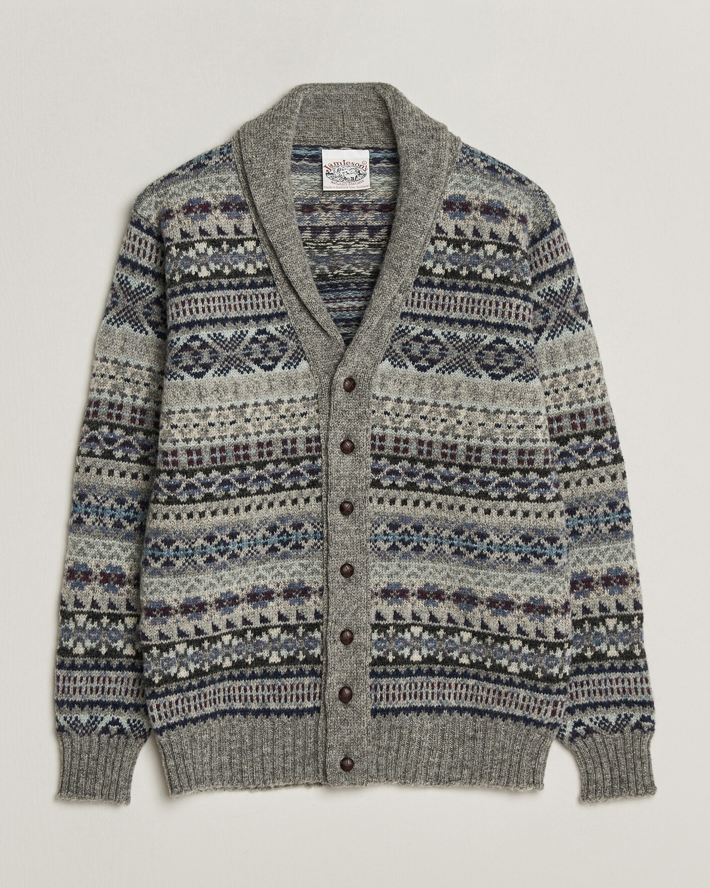Herre | Gensere | Jamieson's of Shetland | Jamiesons Of Shetland All Over Fair Isle Shawl Collar Cardigan Grey