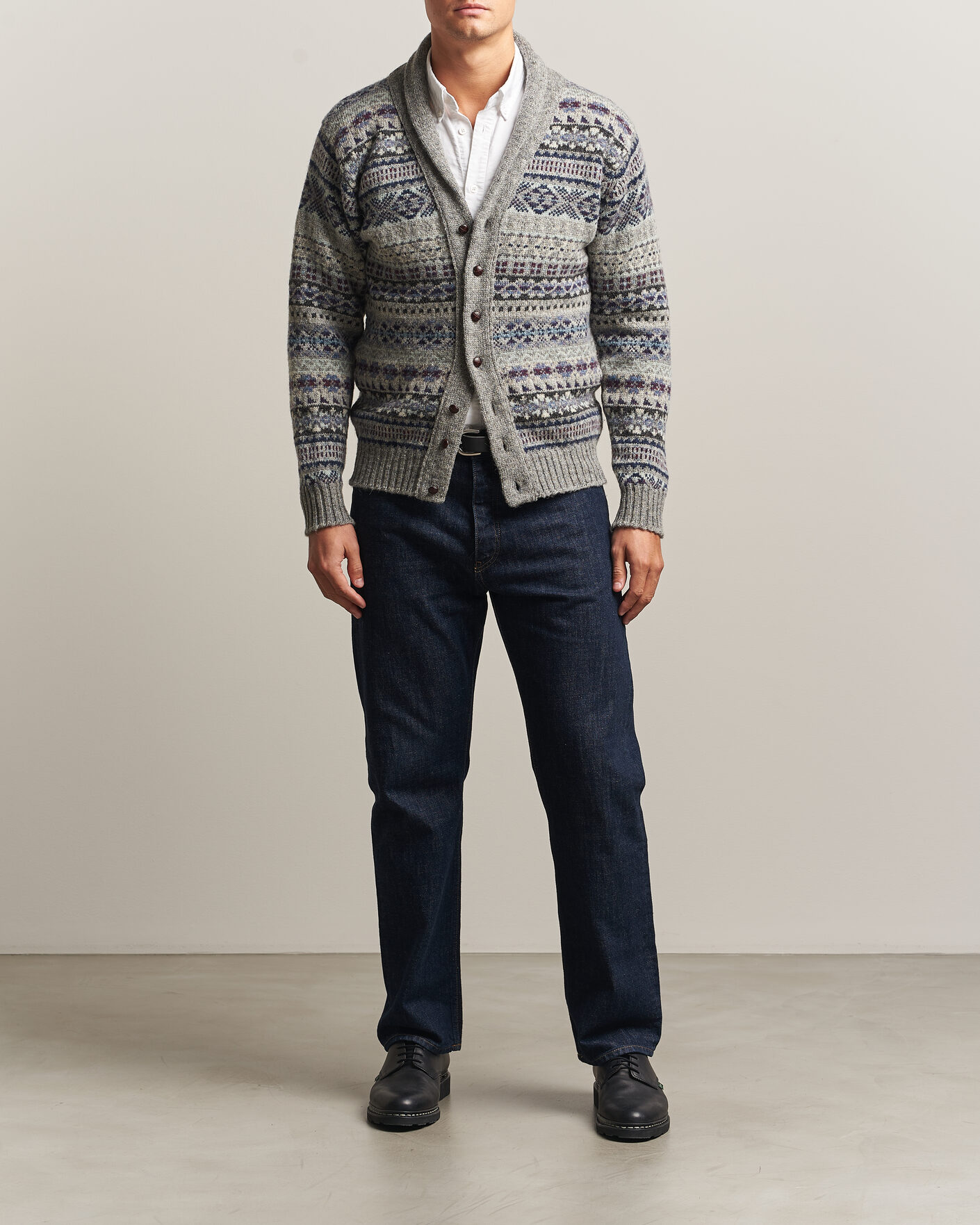 Herre | Gensere | Jamieson's of Shetland | Jamiesons Of Shetland All Over Fair Isle Shawl Collar Cardigan Grey