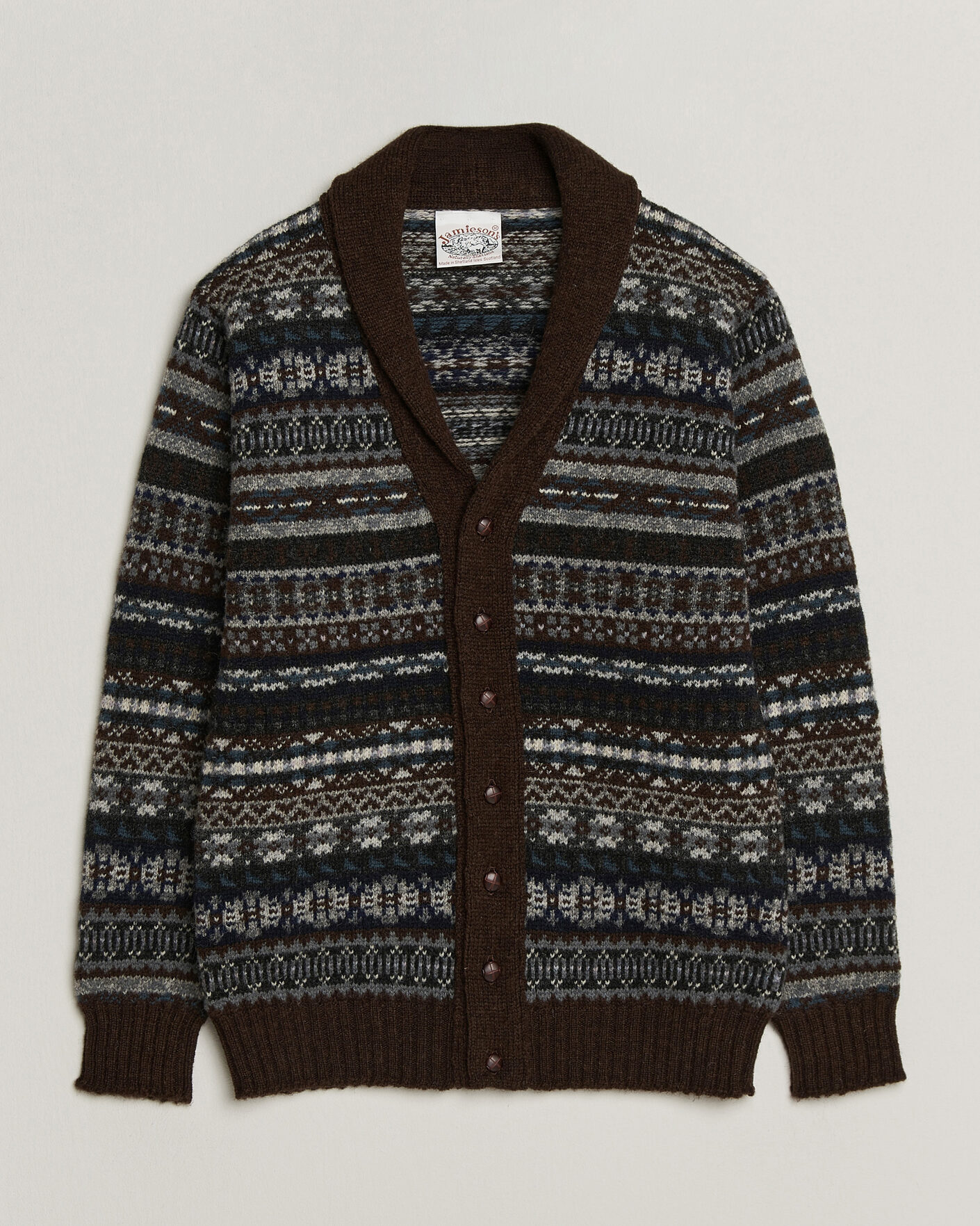 Herre | Gensere | Jamieson's of Shetland | Jamiesons Of Shetland All Over Fair Isle Shawl Collar Cardigan Brown