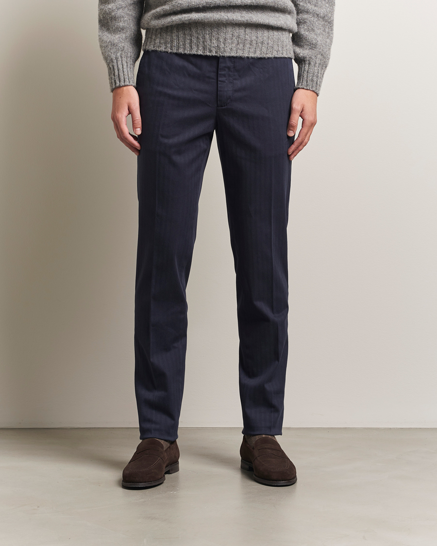 Herre | Bukser | Incotex | Regular Fit Comfort Herringbone Trousers Navy